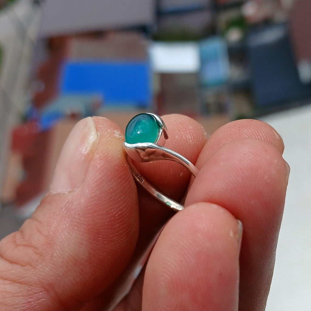 Green Agate Ring, Minimalist Silver Ring, Sterling Silver Ring, oval green Agate Cabochon, asymmetric silver ring, Gift for Her - Size 8.5-4