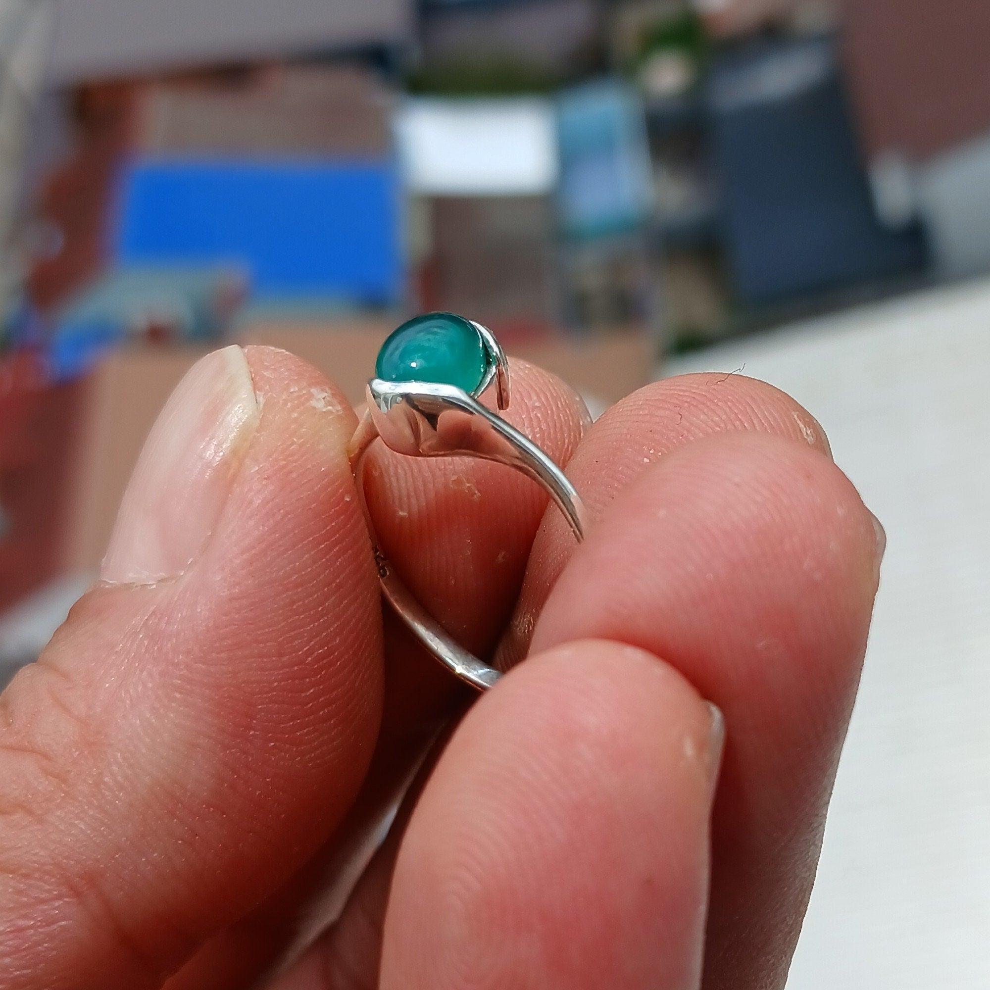 Green Agate Ring, Minimalist Silver Ring, Sterling Silver Ring, oval green Agate Cabochon, asymmetric silver ring, Gift for Her - Size 8.5-1